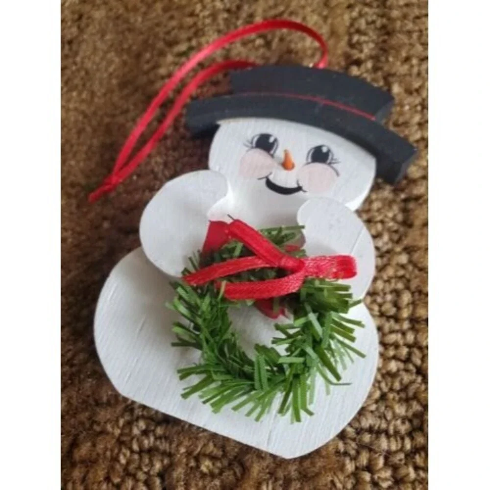 Christmas Snowman Ornament White Hand Painted Wood Black Smiling Happy 3